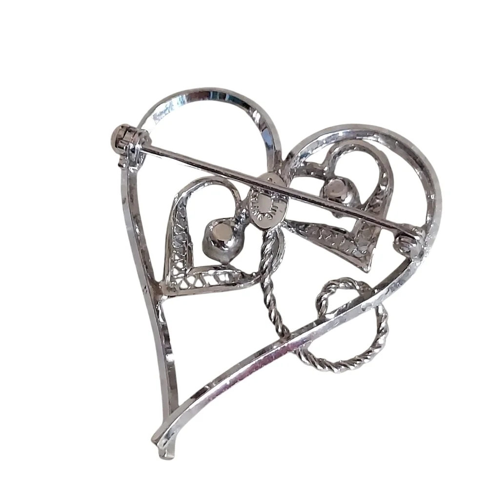 Vintage Sterling Silver Aurora Borealis Filigree Heart Brooch Pin